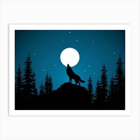 Illustration Of A Lone Wolf Howling Under A Full Moon In The Wilderness Of Wyoming Its Silhouette A (1) Art Print