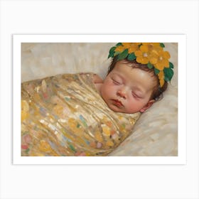 Newborn Baby In A Yellow Flower Crown in Klimt Style Art Print