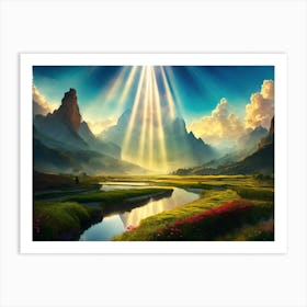 Mountain Valley Sun Rays Art Print