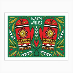 Red Nordic Christmas Mittens Illustrated Art Print