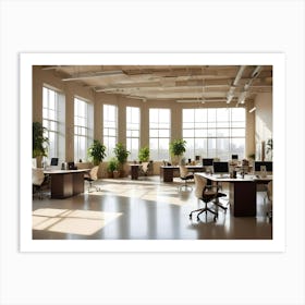 A Modern Office Interior With Multiple Workstations, Large Windows Allowing Ample Natural Light, And Potted Plants Creating A Welcoming Atmosphere Art Print