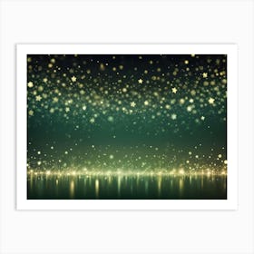 A Blurred Background Of Golden Stars And Snowflakes Against A Green Background, Resembling A Starry Night Sky Art Print