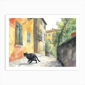Black Cat In Udine, Italy, Street Art Watercolour Painting 2 Art Print