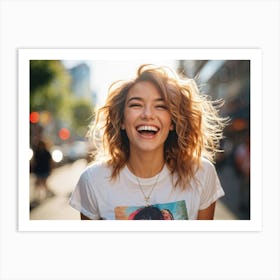 Confident Young Woman Mid Laugh Stylish T Shirt Emblazoned With A Trendy Graphic Positioned Cente (3) Art Print