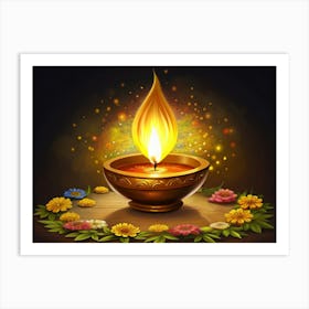 Golden Diwali Diya With Flowers Art Print