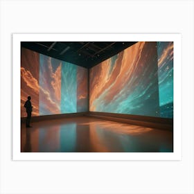 A Modern Gallery Space With A Curved Wall Of Screens Displaying A Digital Artwork Featuring A Vibrant, Abstract Landscape Of Clouds And Stars In Shades Of Orange And Blue Art Print