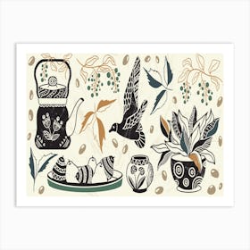 A Set Of Vintage Elements Folk Composition Including Pots Coffee Tea Beans Bird Abstract Flowers And Leaves Organic Abstraction Of Folk Inspired Motifs Rustic Style Of Illustration 1 Art Print