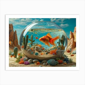 Elephant Sized Goldfish Swims In A Giant Fishbowl Centered In A Desert Cacti Interspersed With Huma Art Print