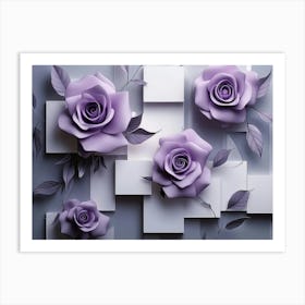 3d Flowers Art With Purple Rose Flowers With Squares Art Print