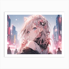 Cute anime cat girl, neko ears, snowy future city Art Print