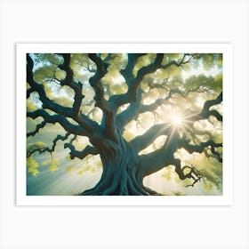 An Ancient, Sprawling Oak Tree With Massive Roots Bathed In Golden Sunlight, Symbolizing Strength, Wisdom, And Longevity Art Print