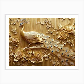 Golden 3d Peacock Floral Wooden Art Print