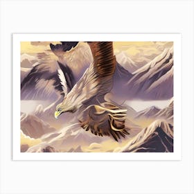 Abstract Eagle Flying Over The Mountains -Minimal Grey And Brown Color Drawing Illustration Art Print