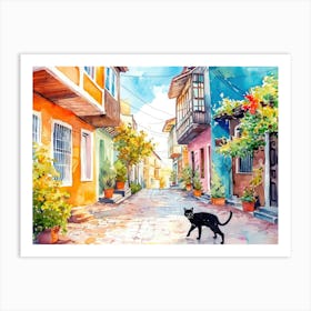 Izmir, Turkey   Cat In Street Art Watercolour Painting 2 Art Print