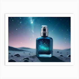 A Blue Glass Bottle Of Perfume On A Rocky Surface With A Background Of A Starry Night Sky Art Print