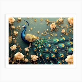 3d Artwork Peacock Illustration Background With Golden Jewelry And Flowers 1 Art Print