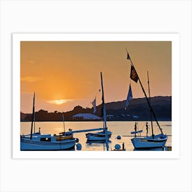 Sunset Harbor in Var Riviera. A picturesque scene of a harbor at sunset, with several sailboats docked along a rocky pier. The sky is ablaze with vibrant orange and red hues, with the sun partially obscured by clouds on the horizon. The water reflects the warm colors of the sky, creating a serene and tranquil atmosphere. The sailboats are silhouetted against the sunset, their masts reaching towards the sky. 1 Art Print