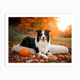 Autumnal Backdrop Transitioning Into Winter An American Border Collie Sits On A Bed Of Fallen Leave Art Print