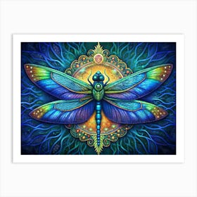 Colorful Dragonfly With Ornamental Background 1 Art Print