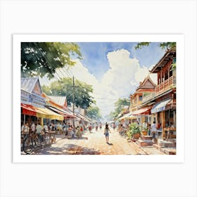 A Young Adventurer Meanders Through The Bustling Streets Of A Summer Town In Thailand Pastel Colore (3) Art Print