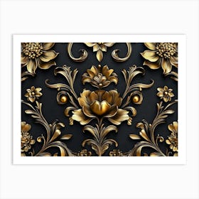 Elegant Leather Base Golden Floral Seamless Damask Flowers with Golden Peacocks Isolated on Black Background Art Print