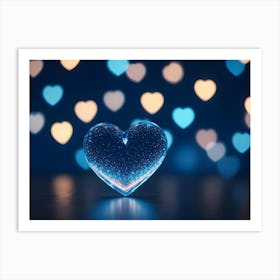 An Abstract Image Featuring A Glowing Blue Heart With Sparkle Effects Against A Dark Blue Background With Blurred Out Of Focus Blue And White Hearts Art Print