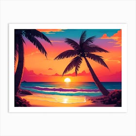 A Tranquil Beach At Sunset Horizontal Illustration 36 Art Print