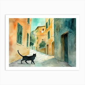 Black Cat In Ancona, Street Art Watercolour Painting 2 Art Print