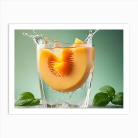 A Slice Of Cantaloupe Melon In A Glass Of Water, Surrounded By Ice And Basil Art Print