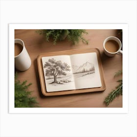 A Still Life Scene Featuring A Sketchbook With A Hand Drawn Landscape, Two Cups Of Coffee, And Potted Plants On A Wooden Table Art Print