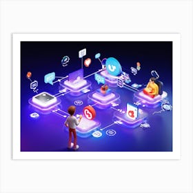 Animated Characters Engaging With A Variety Of Popular Apps Displayed On A Network Of Interconnected (1) Art Print