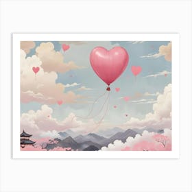 Heart Shaped Balloon Flying Over Mountain Range With Cherry Blossoms Art Print