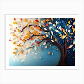 Colorful Tree With Leaves On Hanging Branches Of Blue, White And Golden 12 Art Print