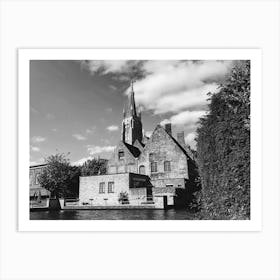 Church in Black and White On The Water in Bruges, Belgium  Art Print