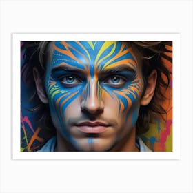 A Portrait Of A Young Man With Blue Eyes, Painted With Abstract Patterns In Shades Of Blue, Orange, And Yellow On His Face, Set Against A Colorful, Splatter Painted Background Art Print