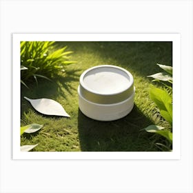 A Close Up Shot Of A Skincare Product Jar Resting On A Bed Of Green Grass With A Leaf Beside It, Creating A Natural And Organic Aesthetic Art Print