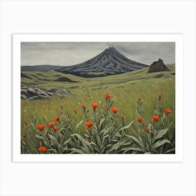 Vintage Oil Painting of indian Paintbrushes in a Meadow, Mountains in the Background 1 Art Print