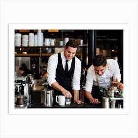 Barista Focused On Pouring Water Into A Step By Step Dripper Amid The Bustling Ambiance Of A Busy C (6) Art Print