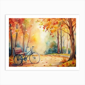 A Cozy Autumn Scene With A Bicycle Parked Near A (1) Art Print