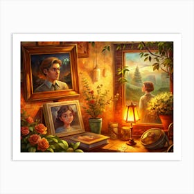 Warm Interior With Portraits And A Window View Art Print