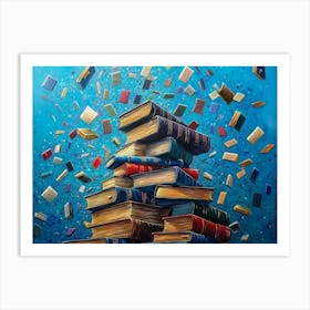 A Captivating Art Piece Featuring a Towering Stack of Books with Flying Letters Poster