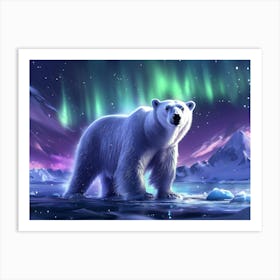 Polar Bear In The Snow with shimmering aurora borealis in the sky. Art Print