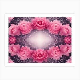 Circular Frame Of Pink Peony Flowers On A Textured, Abstract Background, With A Bright, Glowing Center And A Sense Of Symmetry And Elegance Art Print