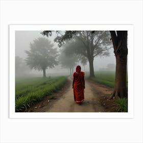 Woman Walking In The Fog Art Print