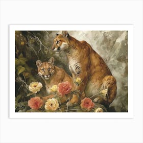 Floral Animal Illustration Cougar 4 Art Print