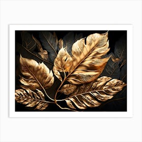 Gold Leaves On Black Background 1 Art Print