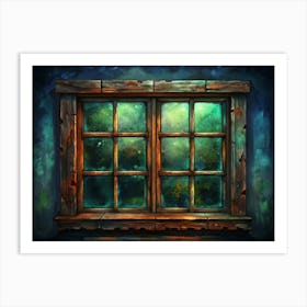 Old Wooden Window With Glowing Green Light Art Print