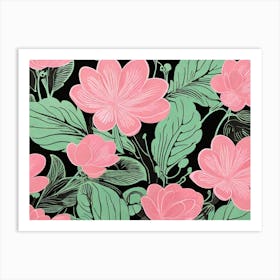 Pink Flowers On Black Background Art Print