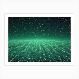 Green Glowing Lines And Dots Emerging From The Ground And Ascending Into A Starry Night Sky Art Print