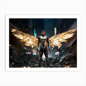 Futuristic Superhero With Human Face And Steel Wings Standing Damaged Amidst A Cityscape Digital P Art Print